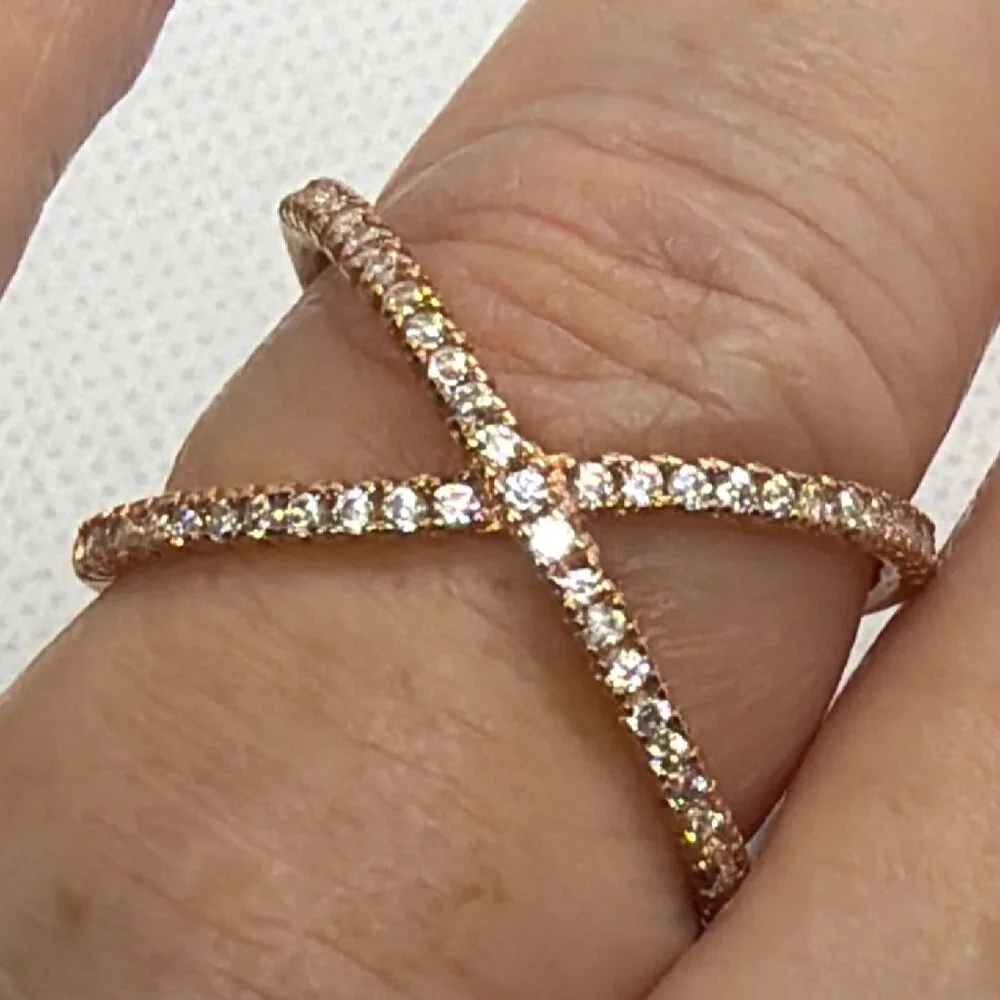 NEW 925 Silver Rose Gold Vermeil Pave CZ Criss Cross Ring Architectural Size 8 - Picture 16 of 16